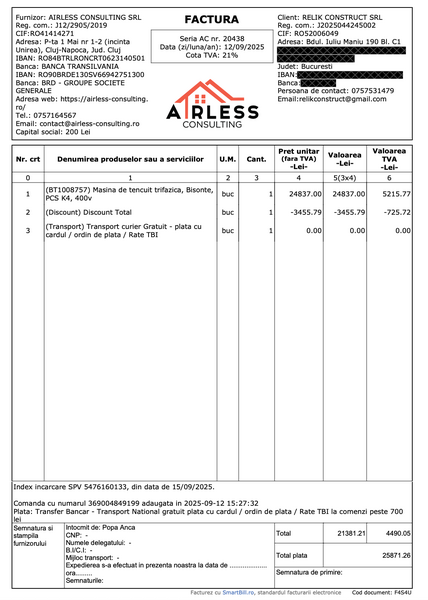 Masina de tencuit trifazica, Bisonte, PCS K4, 400v noua + piese